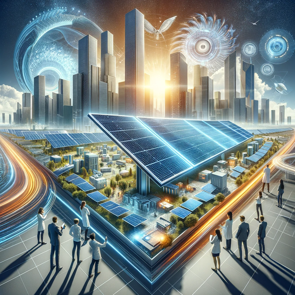 "Futuristic cityscape powered by solar energy with a team of scientists examining a solar panel, under a clear sky."
