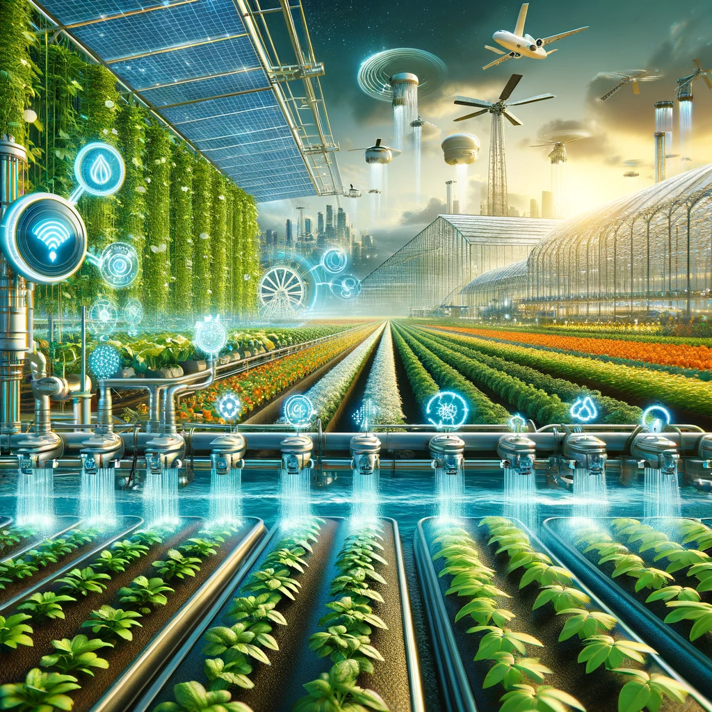  A futuristic farm with advanced technology and wastewater irrigation.